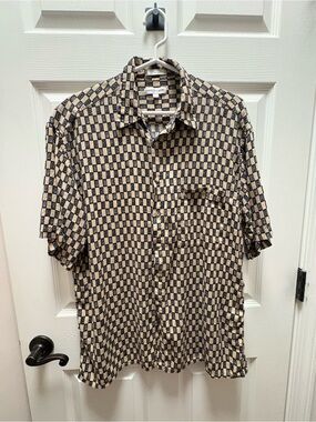 Pierre-Cardin Beige and Navy Check Short-Sleeve Shirt